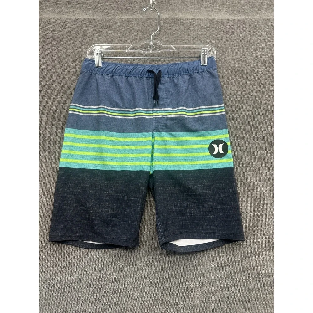 Hurley Trunks Shorts Boys 14/16 Blue Green Striped Ocean Fog Mesh Lined Surfing